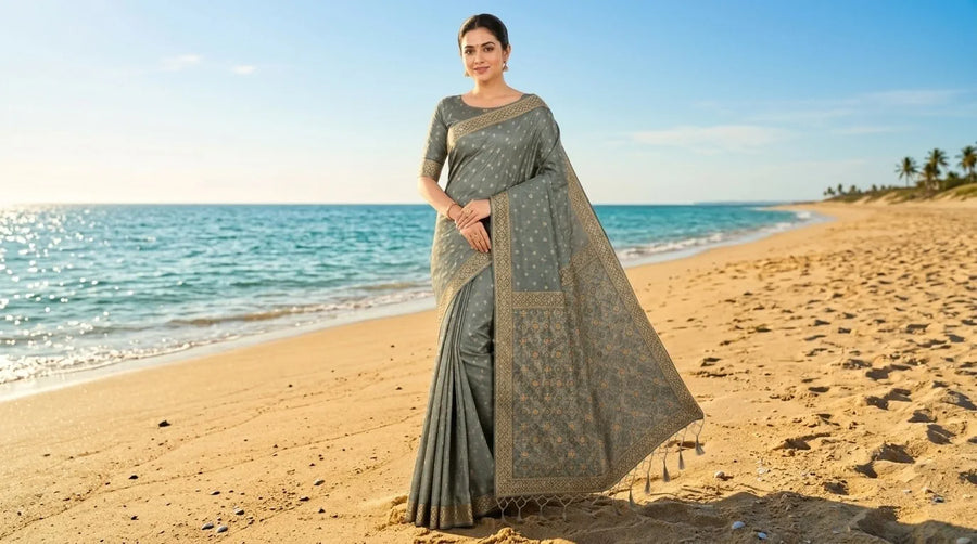 Cotton Jamdani Jacquard Border Pallu Tassels Elegant Premium Sophisticated Saree Set