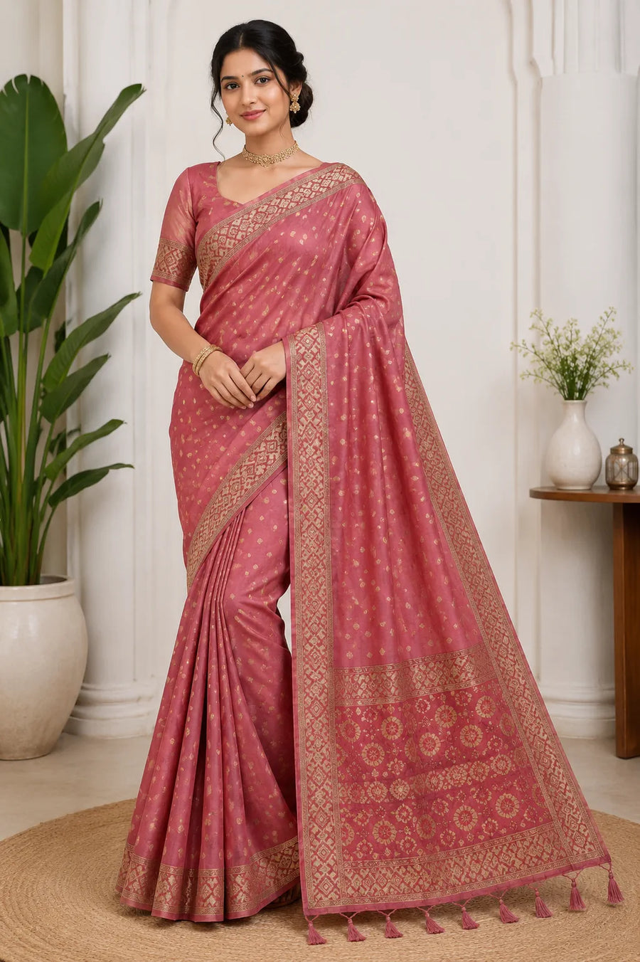 Cotton Jamdani Jacquard Border Pallu Tassels Elegant Premium Stylish Saree Set