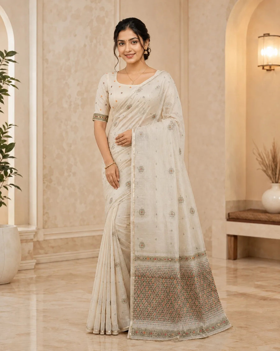 Cotton Jamdani Woven Butti Designer Border Elegant Premium Graceful Saree Set